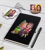 BK Gift Kişiye Özel Yeni Yıl Kız Kardeşler Karikatürlü Siyah Defter Kalem ve Anahtarlık Hediye Seti-3 (Model 1)
