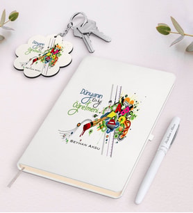 BK Gift Kişiye Özel Dünyanın En İyi Öğretmeni Beyaz Defter Kalem Ve Anahtarlık Hediye Seti-27 (Model 1)