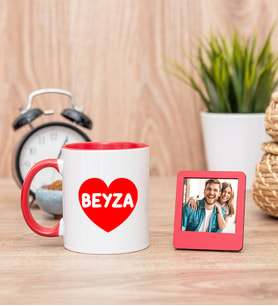 İsim Yazılı Kırmızı Kalpli Kırmızı Kupa Bardak ve Kırmızı Fotoğraf Çerçevesi