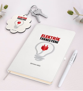 BK Gift Kişiye Özel Elektrik Teknisyeni Beyaz Defter Kalem Ve Anahtarlık Hediye Seti (Model 1)