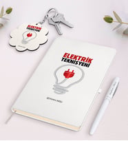 BK Gift Kişiye Özel Elektrik Teknisyeni Beyaz Defter Kalem Ve Anahtarlık Hediye Seti (Model 1)