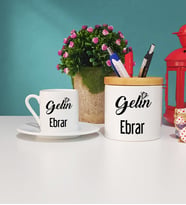 Gelin Tasarımlı Kişiye Özel Gelin Türk Kahvesi Fincanı ve Kalemlik Hediye Seti