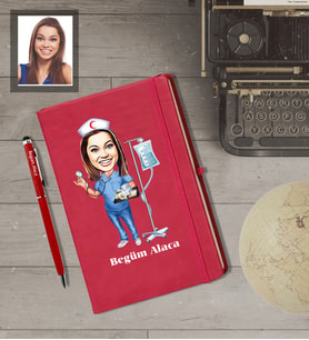 Kişiye Özel Hemşire Karikatürlü  Kırmızı Defter Kalem Hediye Seti Bayan-4