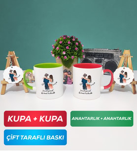 İkili Yeşil Kırmızı Sevgiliye Hediye Bir Ömür Sevgililer Günü Hediyesi Kupa Bardak Anahtarlık Hediye Seti