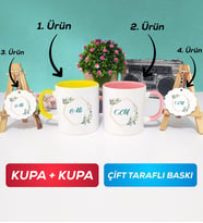 İkili Sarı Pembe Çiçek Tasarımlı İsme Özel Kupa Bardak Anahtarlık