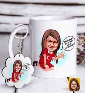 BK Gift Kişiye Özel Kız Çocuk Kolay Yetişmiyor Karikatürlü Beyaz Kupa ve Anahtarlık Hediye Seti-3 (Model 1)