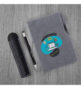 Kişiye Özel Uv Baskılı Mühendis Temalı Gri Defter & Fonksiyonel Mühendis Kalemi  Seti