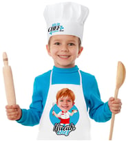 BK Gift Kişiye Özel Küçük Chef Karikatürlü Erkek Çocuk Mutfak Önlüğü Aşçı Şapkası Seti-11 (Beyaz)