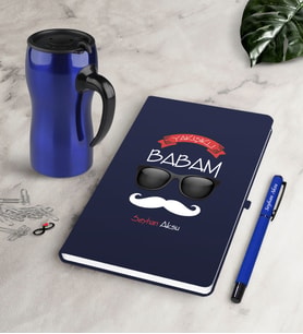BK Gift Kişiye Özel Yakışıklı Babam Lacivert Defter Kalem Termos Mug Seti-5 (Model 1)