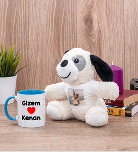 Sevgililere Özel İsim Yazılı Mavi Kupa Bardak ve Peluş Köpek