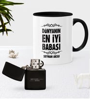 BK Gift Kişiye Özel Dünyanın En İyi Babası Siyah Kupa Bardak Benzinli Metal Çakmak Seti-6 (Model 1)