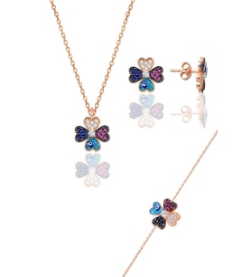 Söğütlü Silver Gümüş rose mineli yonca modeli üçlü set