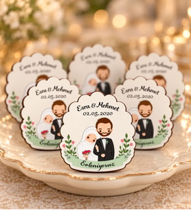 İsme Özel Söz, Kına, Nikah, Nişan, Düğün Hatırası Ahşap Magnet 50 Adet (Beyaz)