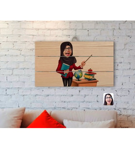 BK Gift Kişiye Özel Tesettürlü Kadın Öğretmen Karikatürlü Otantik Ahşap Palet Tablo-1