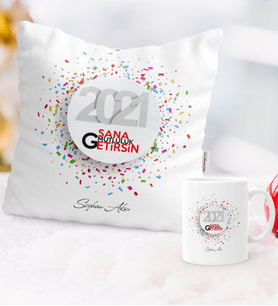 BK Gift Kişiye Özel 2024 Sana Mutluluk Getirsin Temalı Yastık Kupa Seti - 1 (Beyaz)