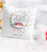 BK Gift Kişiye Özel 2024 Sana Mutluluk Getirsin Temalı Yastık Kupa Seti - 1 (Beyaz)