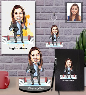 Kişiye Özel Spiker Karikatürlü 5 li Hediye Seti Bayan-1