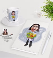 BK Gift Kişiye Özel Bayan Diyetisyen Karikatürlü Beyaz Defter Kalem Türk Kahvesi Fincanı Seti-1 (Model 1)