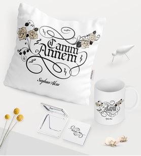 BK Gift Kişiye Özel Kaligrafi Canım Annem Beyaz Kupa Ayna Yastık Seti (Model 1)