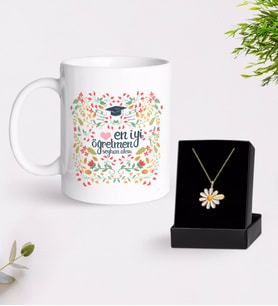 BK Gift Kişiye Özel En İyi Öğretmen Kupa Ve Papatya Kolye Hediye Seti-15 (Model 1)