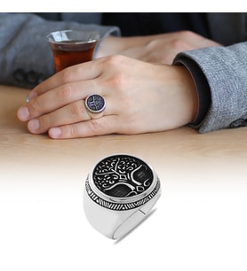 Oval Tasarım Soyağacı Temalı 925 Ayar Gümüş Erkek Yüzük (Çok Renkli)