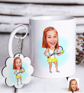 BK Gift Kişiye Özel Bayan Tenis Oyunucusu Karikatürlü Beyaz Kupa ve Anahtarlık Hediye Seti-2 (Model 1)