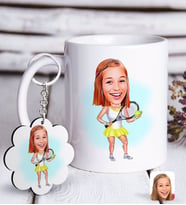 BK Gift Kişiye Özel Bayan Tenis Oyunucusu Karikatürlü Beyaz Kupa ve Anahtarlık Hediye Seti-2 (Model 1)