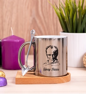 Atatürk Siluetli Ahşap Altlıklı Silver Kupa Bardak
