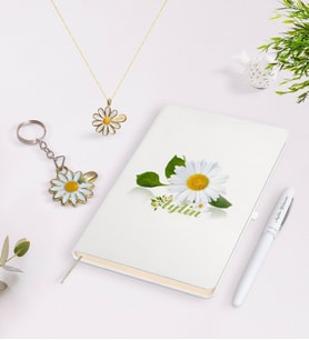 BK Gift Kişiye Özel İsimli Defter Kalem Gold Papatya Kolye ve Anahtarlık Seti-4 (Model 1)