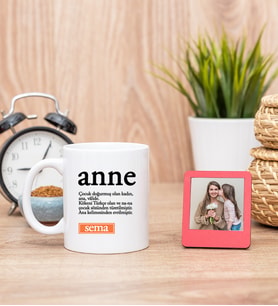 Anne Kelime Anlamı Beyaz Kupa Bardak ve Kırmızı Mini Fotoğraf Çerçevesi