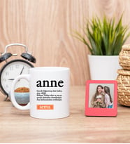 Anne Kelime Anlamı Beyaz Kupa Bardak ve Kırmızı Mini Fotoğraf Çerçevesi