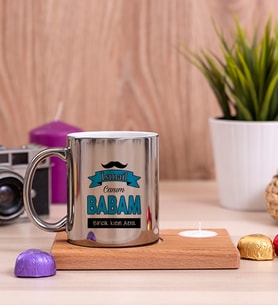 Canım Babam Ahşap Altlıklı Mumlu Silver Kupa Bardak