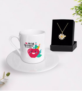 BK Gift Kişiye Özel En İyi Öğretmen Türk Kahvesi Fincanı ve İsimli Papatya Kolye Hediye Seti-11 (Model 1)