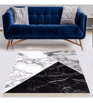 Geometrik Desenli Bloklu Dijital Baskı Yıkanabilir Kaymaz Taban Modern Salon Halısı (Siyah - Beyaz)