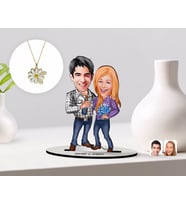 BK Gift Kişiye Özel Sevgililer Karikatürlü 3D Ahşap Biblo ve Çift İsimli Papatya Kolye Seti-50 (Model 1)