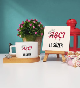 Aşçı Tasarımlı Kişiye Özel Hediye Aşçı Ahşap Altlıklı Fincan ve Dekoratif Taş Baskı Hediye Seti