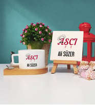 Aşçı Tasarımlı Kişiye Özel Hediye Aşçı Ahşap Altlıklı Fincan ve Dekoratif Taş Baskı Hediye Seti