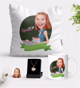 BK Gift Kişiye Özel Bayan En İyi Öğretmen Karikatürlü Beyaz Kupa Yastık ve İsimli Papatya Kolye Hediye Seti-1 (Model 1)