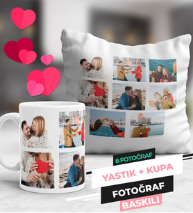 8 Fotoğraflı Kupa Bardak ve Yastık Seti