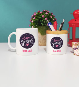 Love Yourself Tasarımlı Kişiye Özel Hediye Kupa Bardak ve Kalemlik Seti