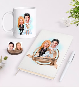 BK Gift Kişiye Özel Yılın En Mükemmel Çifti Karikatürlü Beyaz Defter Kalem ve Kupa Seti-16 (Model 1)