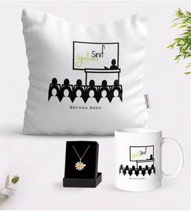 BK Gift Kişiye Özel Sınıf Öğretmeni Beyaz Kupa Yastık ve İsimli Papatya Kolye Hediye Seti-5 (Model 1)