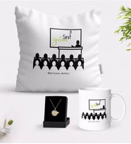 BK Gift Kişiye Özel Sınıf Öğretmeni Beyaz Kupa Yastık ve İsimli Papatya Kolye Hediye Seti-5 (Model 1)