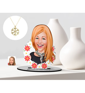 BK Gift Kişiye Özel Kadınlar Günü Temalı Dünyanın En Tatlı Kadını Karikatürlü 3D Ahşap Biblo ve Kar Tanesi Kolye Seti-1