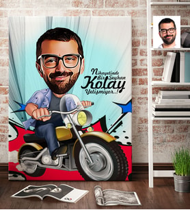 BK Gift Kişiye Özel Bay Motorcu Karikatür Kanvas Tablo 70x100cm 1