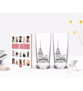 BK Gift Kişiye Özel Renkli Baskılı Kız Kulesi Tasarımlı İkili Rakı Bardağı ve Rakı Cep Kitabı Hediye Seti-1 (Model 1)