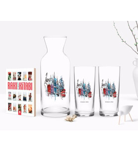 BK Gift Kişiye Özel Renkli Baskılı London Tasarımlı İkili Rakı Bardağı Karaf ve Cep Kitabı Hediye Seti-4 (Model 1)