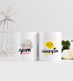 BK Gift Kişiye Özel Güneşim ve Ayım Tasarımlı İkili Beyaz Kupa Bardak-4
