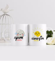 BK Gift Kişiye Özel Güneşim ve Ayım Tasarımlı İkili Beyaz Kupa Bardak-4