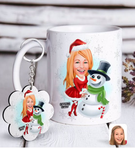 BK Gift Kişiye Özel Kadın Yeni Yıl Karikatürlü Beyaz Kupa ve Anahtarlık Hediye Seti-2 (Model 1)